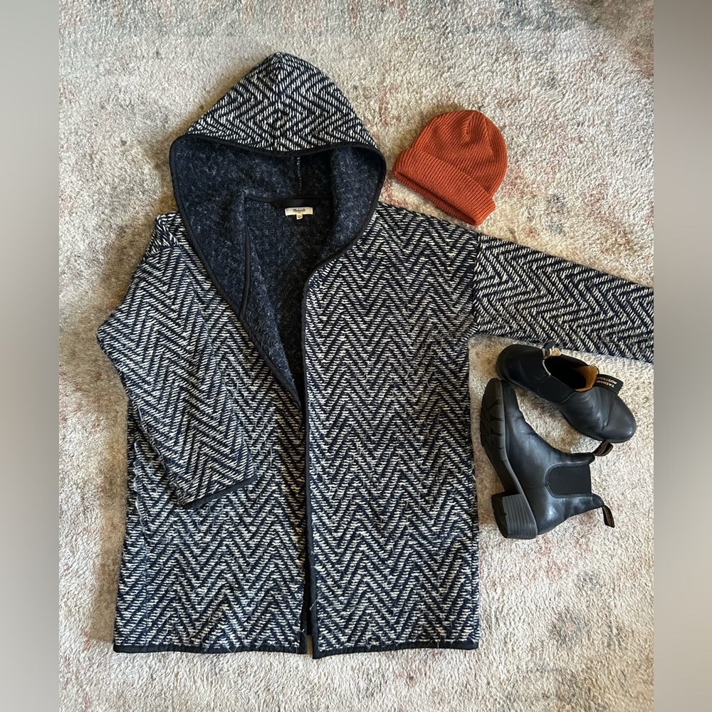 Madewell Herringbone Chevron Patterned Wool Hooded Sweater